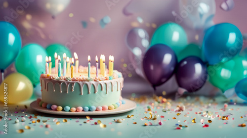 Compleanno con Colori Leggeri, torta, Palloncini e Confetti photo