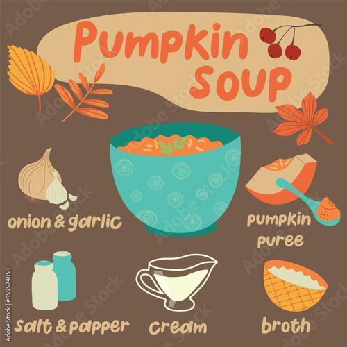 Homemade pumpkin soup hand drawn recipe. Print for design of the menu of restaurants and shops. Set of products for traditional pumpkin soup. Vector illustration in cartoon style.
