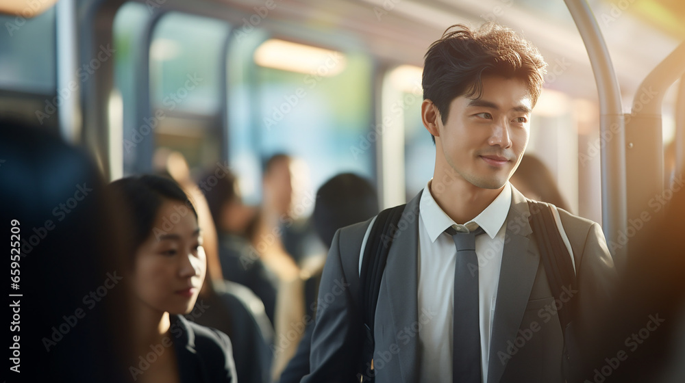 Young Asian businessman going to work on public transportation. Generative AI Young Asian businessman going to work on public transportation. Generative AI