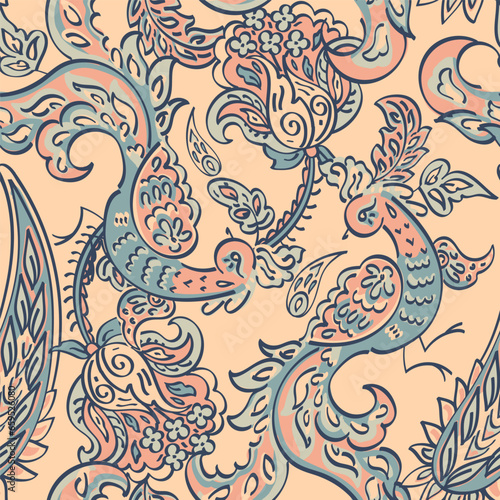 Hand drawn floral paisley and birds seamless vector pattern. Batik style fabric