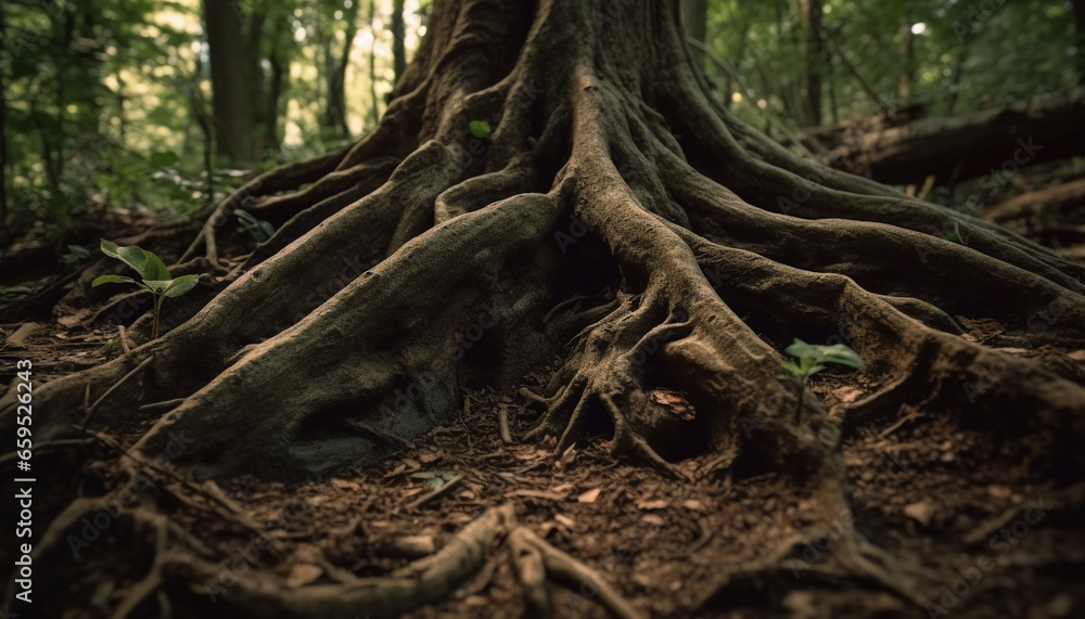 Ancient tree trunk intertwined with nature strength generated by AI