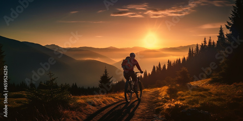Mountain biker cyclist cycling on a mountain bike trail. Outdoor recreational lifestyle adventure sport activity in nature