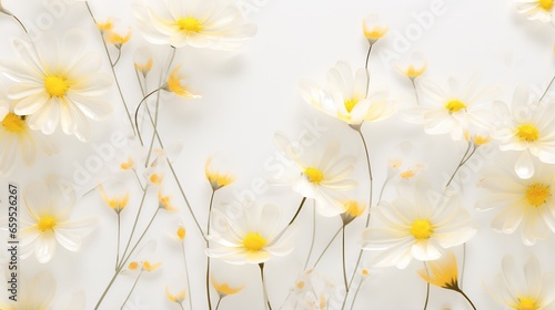  a bunch of white and yellow flowers on a white background. generative ai