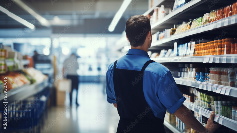 A diligent employee maintaining a clean and organized store aisle, Grocery store, blurred background A diligent employee maintaining a clean and organized store aisle, Grocery store, blurred background