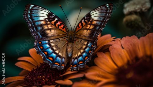Vibrant butterfly wing in multi colored pattern, pollinating yellow flower generated by AI © Stockgiu