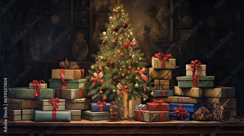  a painting of a christmas tree surrounded by presents on a table.  generative ai