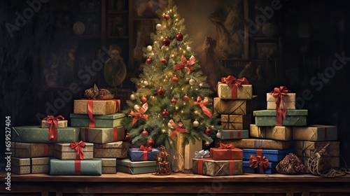  a painting of a christmas tree surrounded by presents on a table.  generative ai © Anna