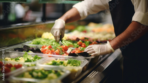 A deli employee preparing sandwiches and salads for the deli counter, Grocery store, blurred background