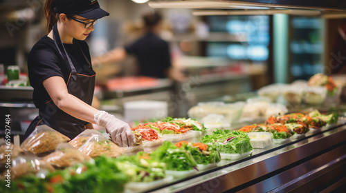 A deli employee preparing sandwiches and salads for the deli counter, Grocery store, blurred background