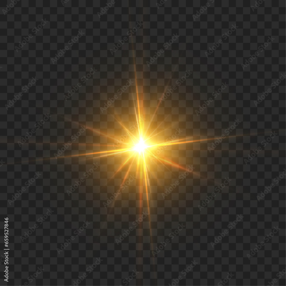Abstract golden flash of light and laser beams with glitter. Isolated on transparent background. Art and web design vector.