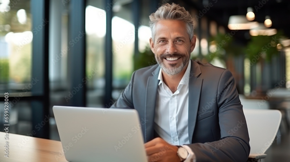 Smiling mature businessman in eyeglasses working on laptop in office Smiling mature businessman in eyeglasses working on laptop in office