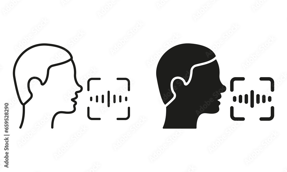 Identification by Voice Pictogram. Voice Assistant. Speak for Access Symbol Collection. Command Voice ID Recognition Technology Line and Silhouette Black Icon Set. Isolated Vector Illustration