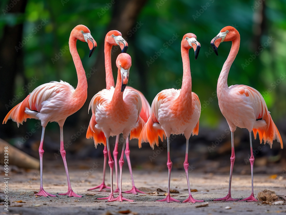 A synchronised group of flamingos standing in a picturesque pose against a vibrant background.