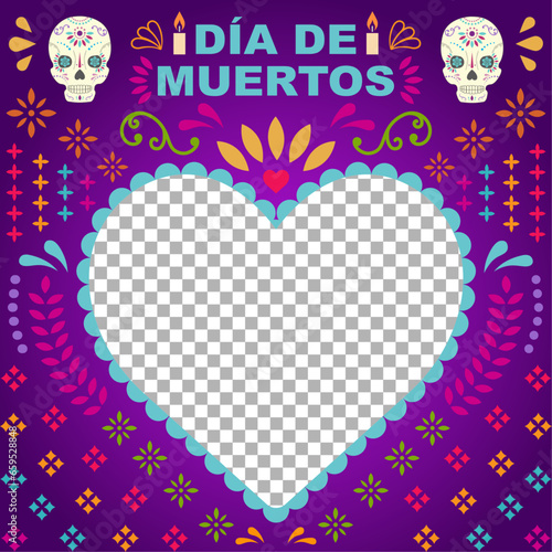 Plantilla banner del día de muertos en forma de corazón con calaveras, velas y textura de ornamentos mexicanos