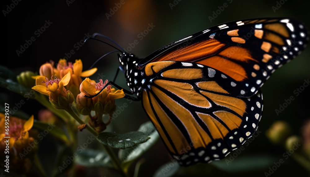 Fototapeta premium Vibrant monarch butterfly pollinates spotted flower in natural tranquility generated by AI
