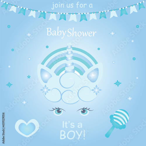 Set of baby shower invitations with cartoon character, rattle, unicorn and dinosaur. This is a boy. Vector illustration, EPS 10. © Liliy