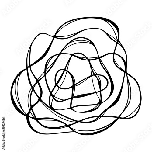Abstract black tangled wavy line in a circle isolated on a white background, hand-drawn. Decorative background for design and decoration. A randomly confused thought. An unwound chaotic tangle.