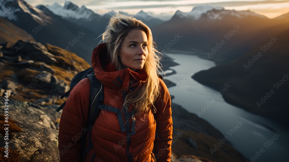 Woman Mountain Hiker Enjoying Scenic Solitude 
