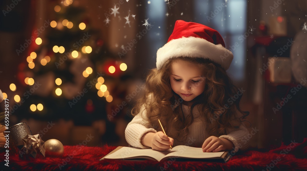 Young girl writing a letter to Santa Claus, sitting comfortably in her home near a beautifully decorated Christmas tree. Cute, cozy and warm atmosphere with magical spirit of the holiday season. - obrazy, fototapety, plakaty 