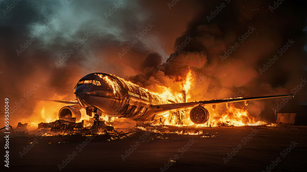 illustration of a burning airplane - obrazy, fototapety, plakaty 