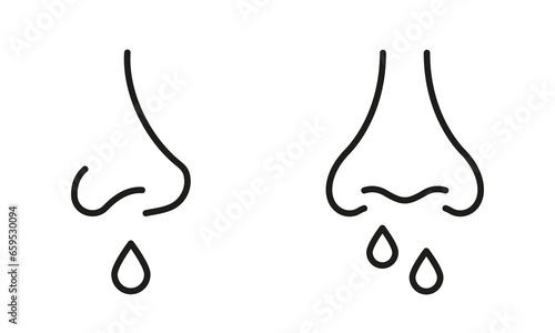 Allergy, Cold, Sinusitis Symptom, Snot Outline Pictogram Set. Runny Nose Line Black Icons. Coronavirus Symptom, Nosebleed, Nasal Mucus Linear Symbol Collection. Isolated Vector Illustration