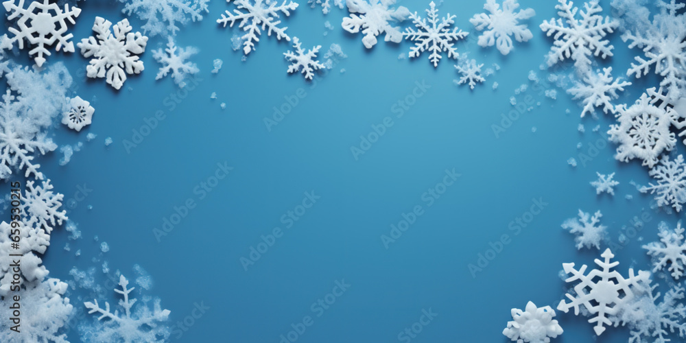 Frame made of snow with snowflakes and ice crystals on blue background, top view with space for text