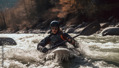 Men and women kayaking in nature, enjoying recreational pursuit generated by AI © Stockgiu