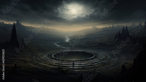  a painting of a dark landscape with a circle in the middle. generative ai