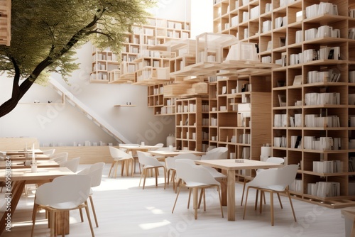 Interior of a bookstore cafe as a third place for gen z and millennials. Community in urban remote young workers 