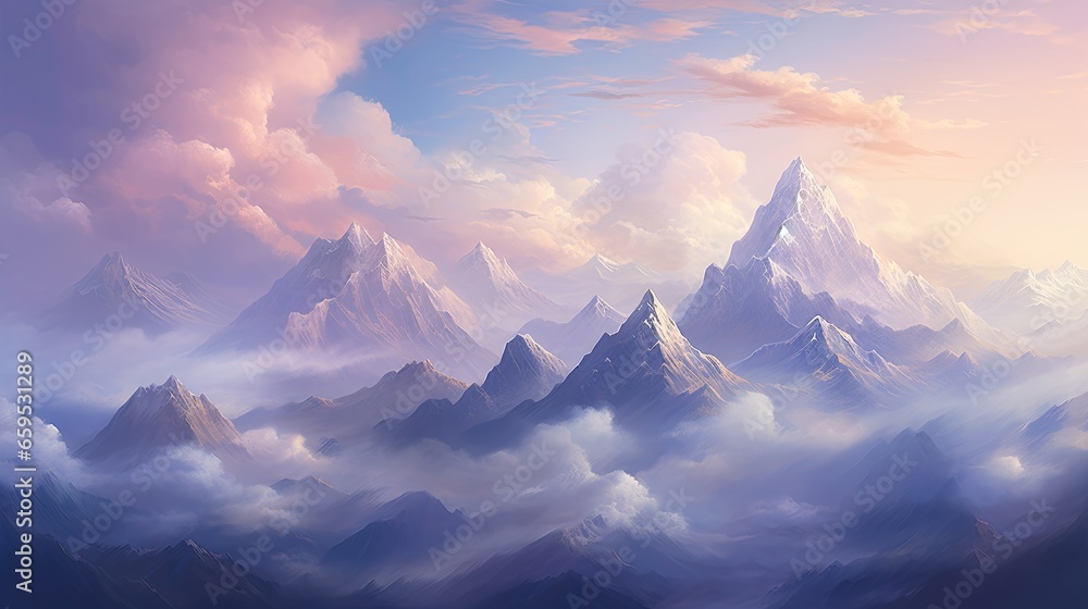 a painting of a mountain range in the sky with clouds.  generative ai