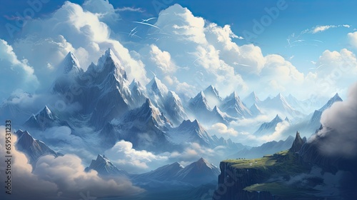  a painting of a mountain range with clouds in the sky. generative ai