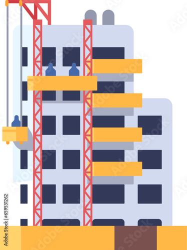 Construction process. Residential house building. Industrial crane lifting crane. City architecture. Skyscraper exterior. Housing development. Real estate engineering. Vector concept