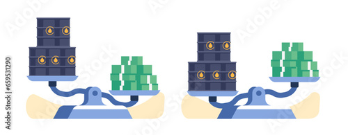 Oil prices. Petroleum costs rising or falling. Petrol barrels on scale against dollars heap. Fuel value. Money banknotes stack. Imbalanced diesel canisters and finance. Vector concept