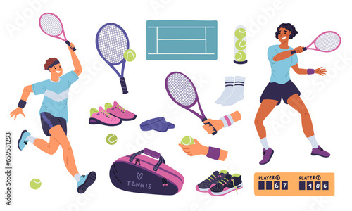 Lawn tennis elements. Cartoon athletes with rackets. Sports equipment. Players hit balls. Sneakers or sportswear. Competition and hobby game. Match score. Court and bag. Garish vector set