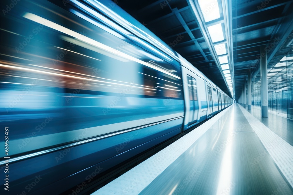 Fast express passenger train, futuristic conceptual technology on high speed railway. Generative AI