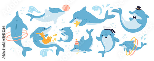 Cartoon dolphin characters with show elements. Dolphinarium inhabitants. Marine animals play with hoop and ball. Aquatic mammal jumping and doing tricks. Ocean fish. Garish vector set