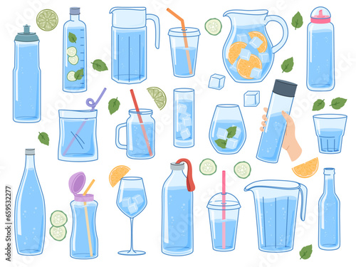 Cartoon water bottles. Cute drinks with lemons. Circles of fresh cucumbers. Plastic and glass container with cap. Ice cubes. Cold beverage. Blue flask for liquid. Recent vector set