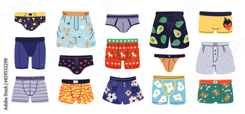 Men underwear. Male trunks, briefs and panties. Everyday clothes. Lingerie with prints. Boys undergarment. Casual underpants. Boxers and shorts. Cotton underclothes. Garish vector set