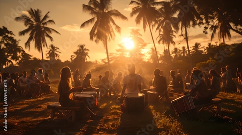 Sunset Beach Gathering: Friends Enjoying Music and Fun Outdoors