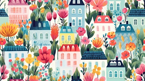  a colorful pattern of houses and flowers on a blue background.  generative ai