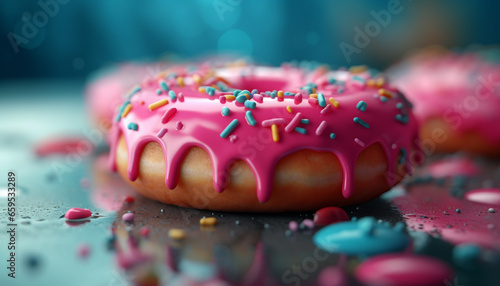 Indulgent baked donut with pink icing, chocolate and strawberry decoration generated by AI © djvstock