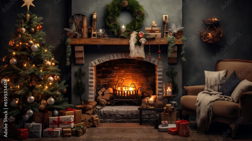 Decorated living room with warm and cozy Christmas winter vibe. Classical and elegant design fireplace with decorations creating the perfect atmosphere for holiday season. Traditional luxurious home.