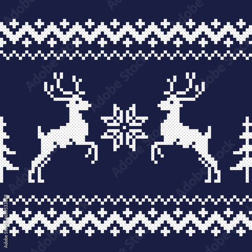 seamless pattern with christmas reindeer. tribal pattern. local fabric pattern. pixel pattern. cross stitch