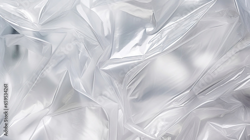 Transparent white glossy wrinkled plastic texture. Crumpled thin plastic backdrop. Generative AI