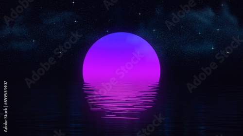 3d render Purple pink sun reflected in the water in a minimalist style on a black background