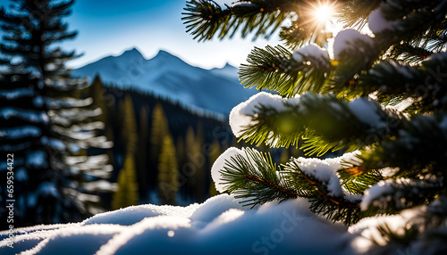 Pine tree branch covered by snow. Branches have a sun shining through backlighting the evergreen. Mountains in the background with spruce, evergreens, and share mountain ridges. 