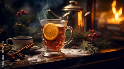 Cosy hot drink surrounded by Christmas elements and festive decorations. The winter season beverage is presented against a beautiful artistic and softly warm lit background for holiday atmosphere.