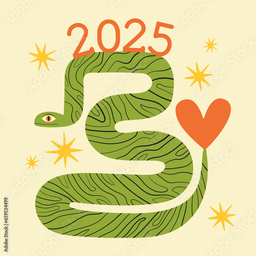 Vector illustration with green forest snake and red heart. Line pattern. New year greeting card template