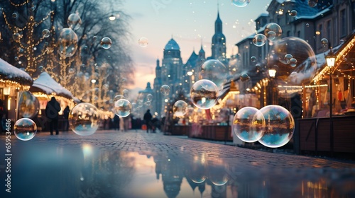 Soap bubbles floating in air with blurry Christmas market in backdrop. Magical, beautiful, and playful winter vibe, perfectly encapsulating the joyous spirit of the holiday season. © TensorSpark