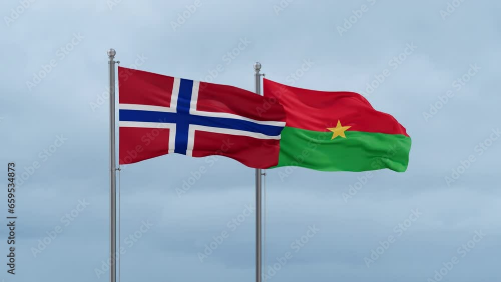 Burkina Faso flag and Norway flag waving together on cloudy sky, endless seamless loop, two country relations concept Burkina Faso flag and Norway flag waving together on cloudy sky, endless seamless loop, two country relations concept